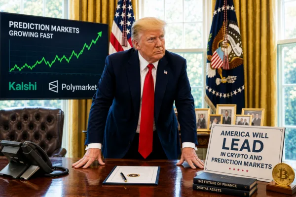 President Donald Trump stands in an Oval Office-style setting beside a screen showing prediction markets growth, with crypto and financial market imagery symbolizing America’s push to lead in digital finance and prediction markets.