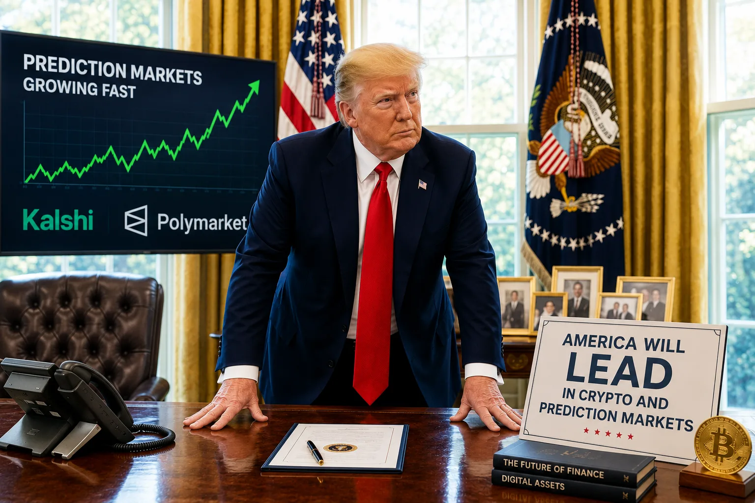 President Donald Trump stands in an Oval Office-style setting beside a screen showing prediction markets growth, with crypto and financial market imagery symbolizing America’s push to lead in digital finance and prediction markets.