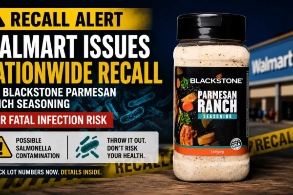 Breaking news style graphic showing a Walmart Blackstone Parmesan Ranch seasoning recall alert. The image features a large Blackstone Parmesan Ranch seasoning bottle in front of a blurred Walmart storefront with yellow recall tape, warning text about a nationwide recall, and references to possible salmonella contamination and fatal infection risk.