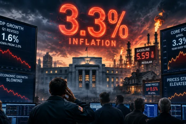 A cinematic financial crisis scene showing traders watching inflation data as a glowing “3.3% Inflation” sign looms above the Federal Reserve, with falling GDP charts, rising gas prices, and oil refinery flames symbolizing persistent inflation and slowing economic growth.