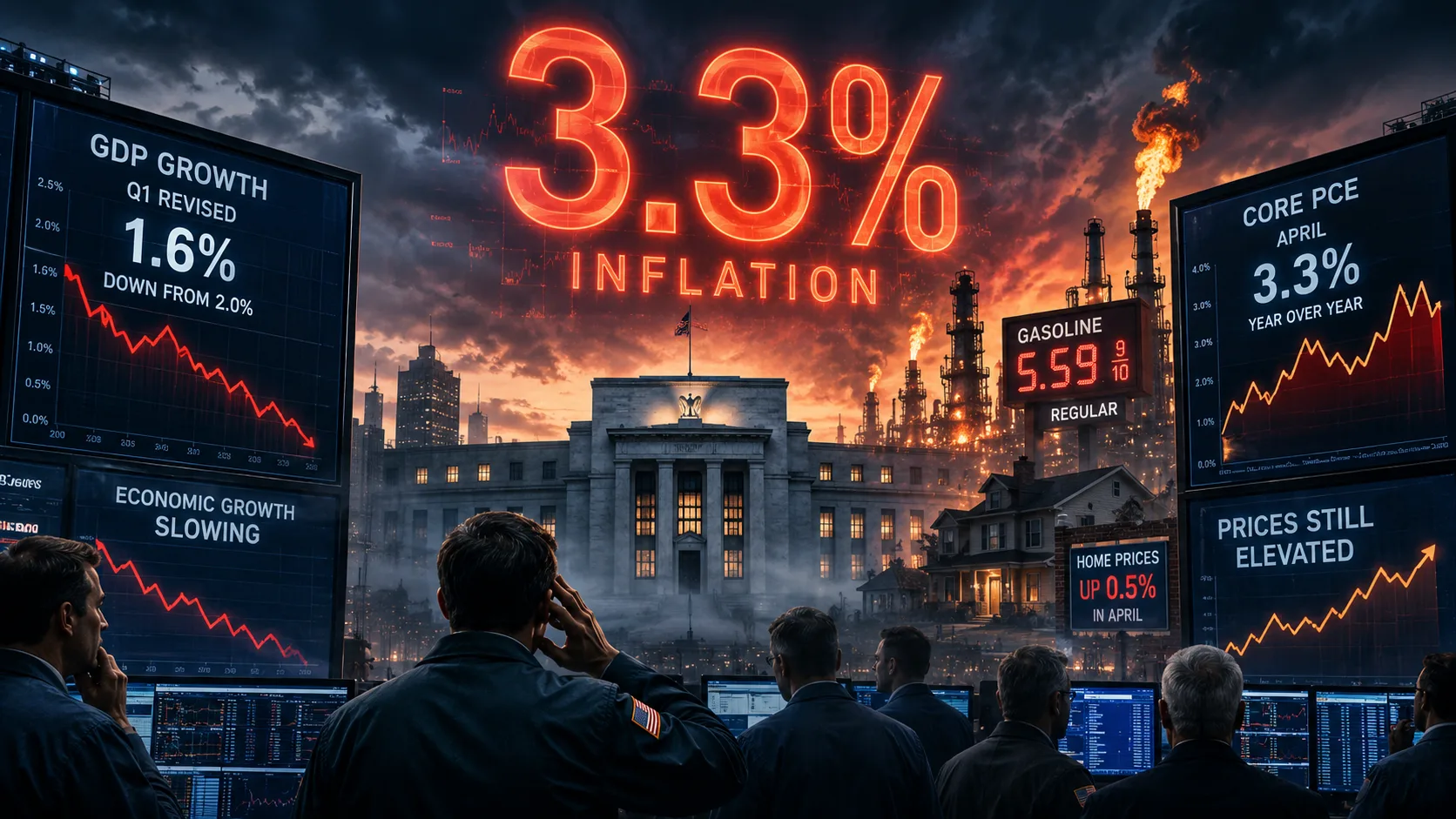 A cinematic financial crisis scene showing traders watching inflation data as a glowing “3.3% Inflation” sign looms above the Federal Reserve, with falling GDP charts, rising gas prices, and oil refinery flames symbolizing persistent inflation and slowing economic growth.