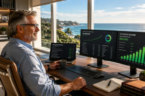 Bright, optimistic image of a silver-haired investor reviewing dividend income and portfolio growth on multiple monitors inside a luxury oceanfront home office, symbolizing financial freedom, retirement security, and passive income investing.