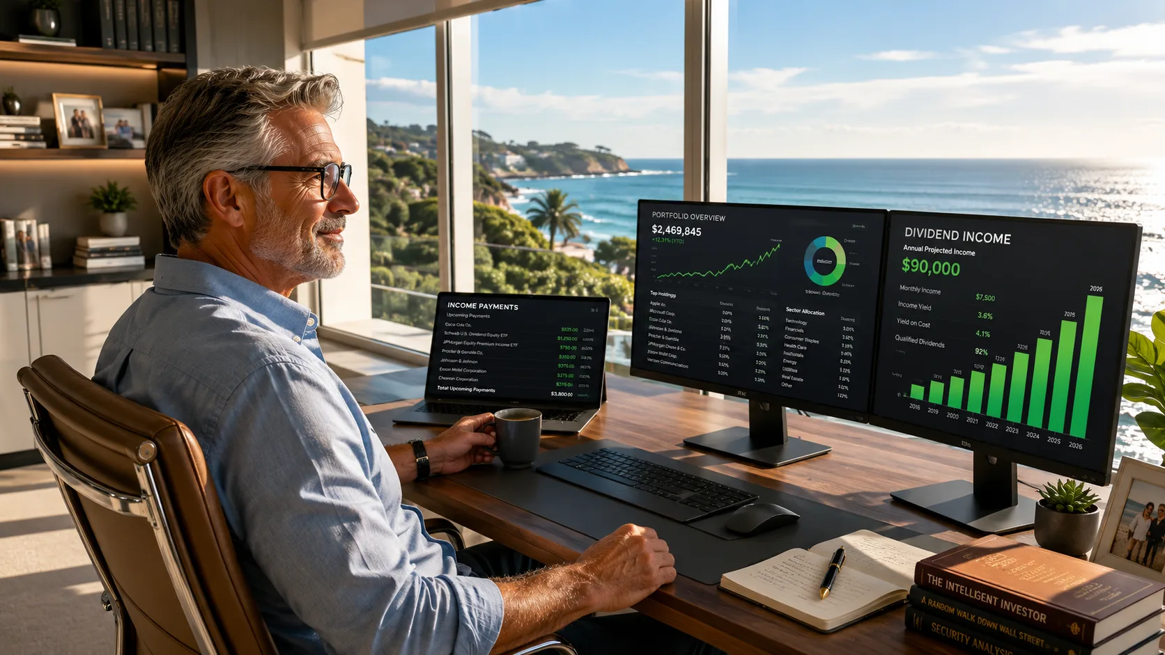 Bright, optimistic image of a silver-haired investor reviewing dividend income and portfolio growth on multiple monitors inside a luxury oceanfront home office, symbolizing financial freedom, retirement security, and passive income investing.