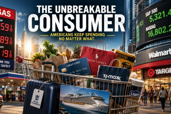 Walmart, Target, Ralph Lauren, TJX, Lowe's, and Royal Caribbean featured in consumer spending and retail stock market illustration showing resilient American shoppers despite inflation pressures.