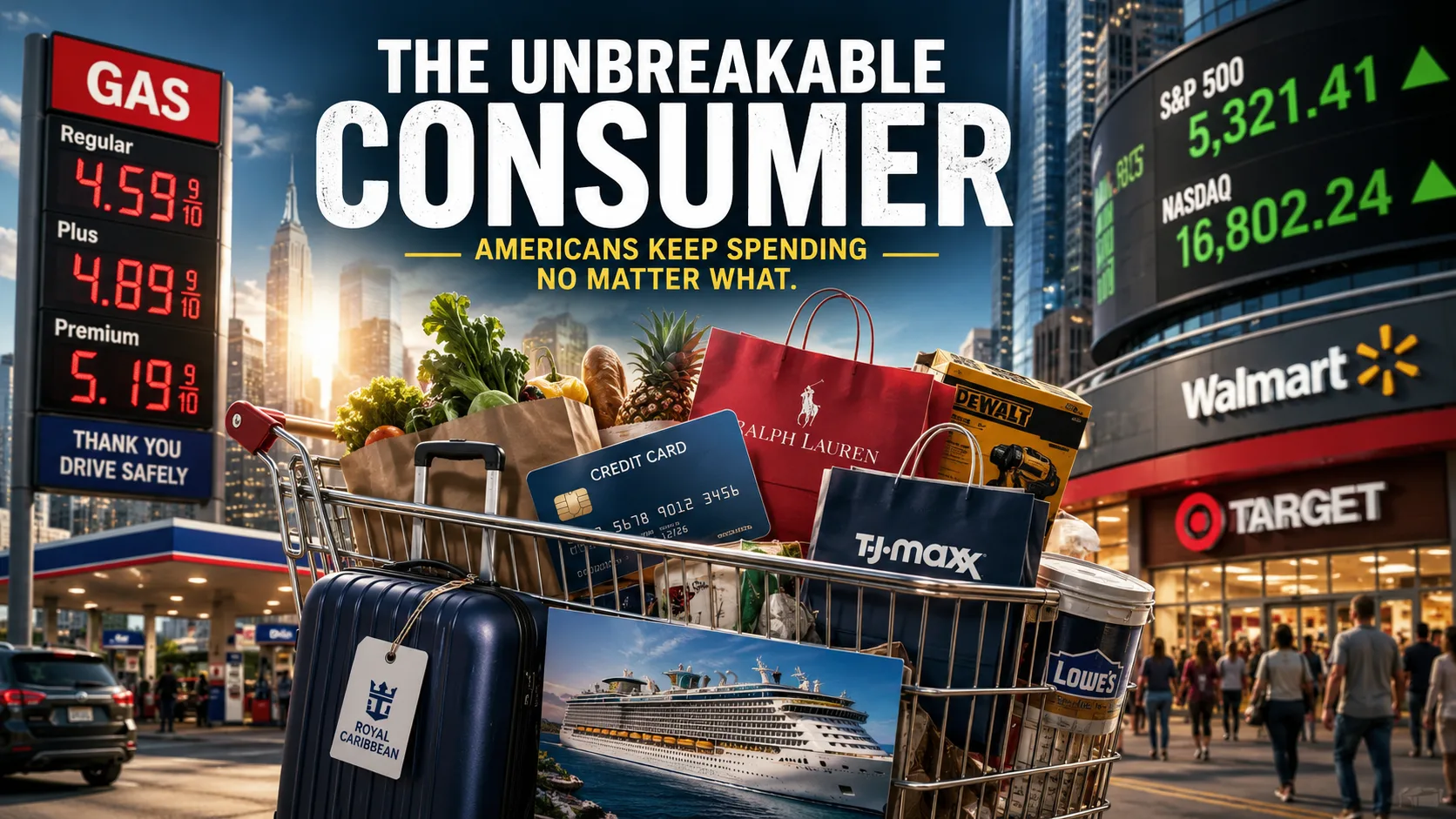 Walmart, Target, Ralph Lauren, TJX, Lowe's, and Royal Caribbean featured in consumer spending and retail stock market illustration showing resilient American shoppers despite inflation pressures.