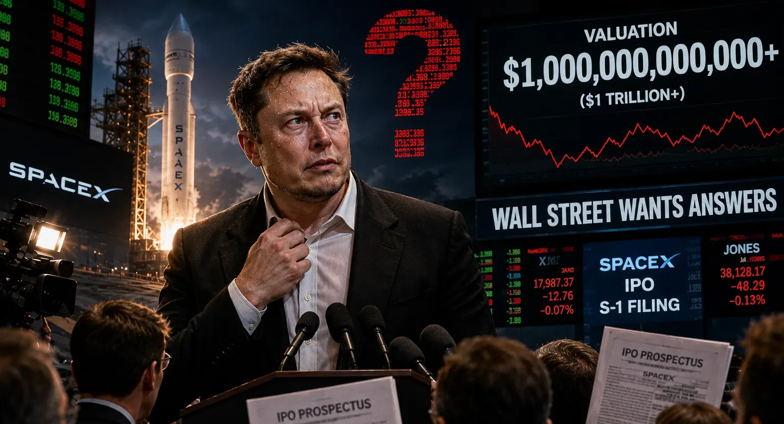 Elon Musk appears tense during a SpaceX IPO event as Wall Street seeks answers about valuation and conflicting disclosures.