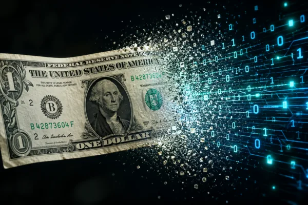 U.S. dollar bill dissolving into digital particles and code, symbolizing the rise of digital currency and stablecoins