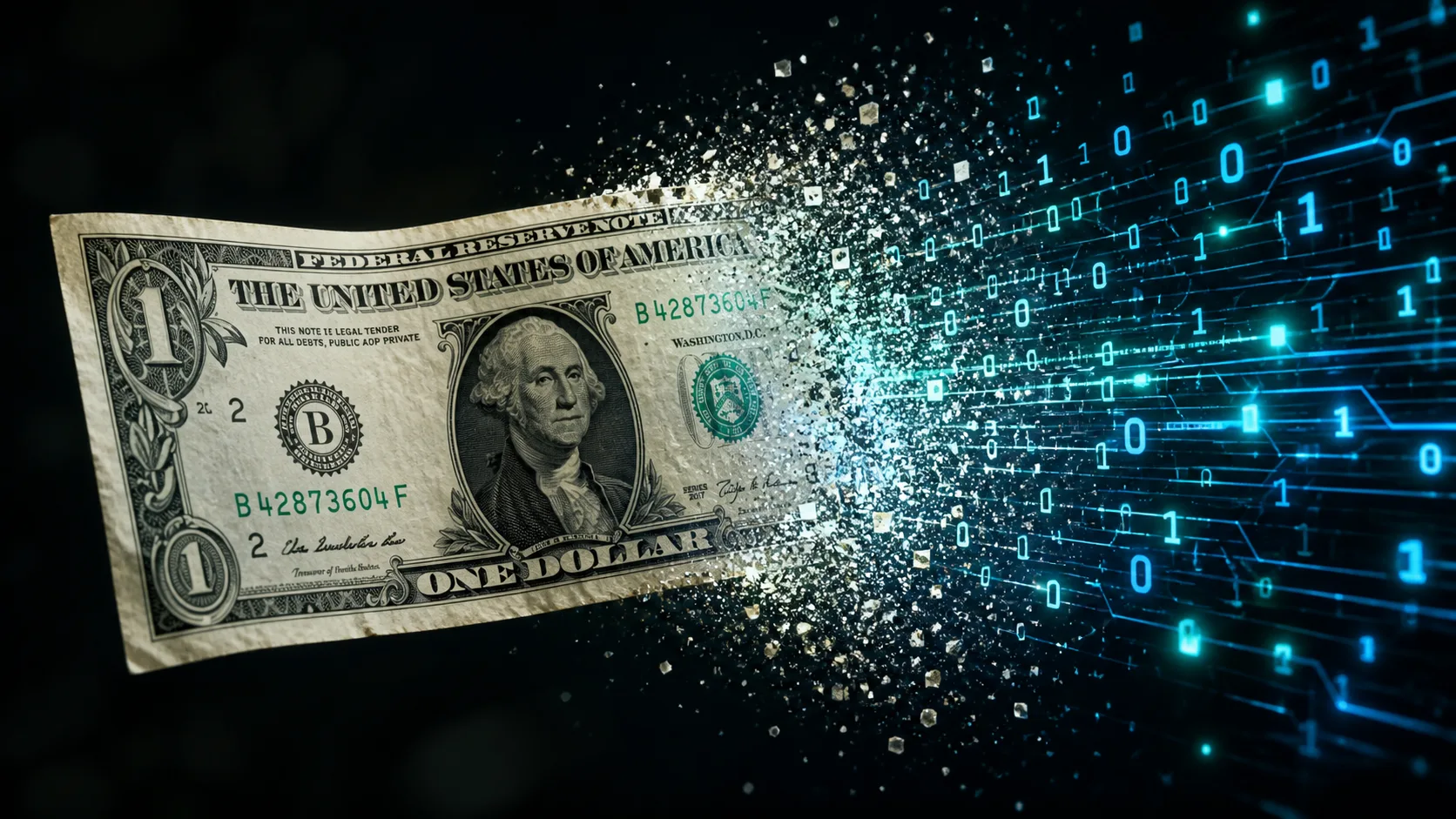 U.S. dollar bill dissolving into digital particles and code, symbolizing the rise of digital currency and stablecoins