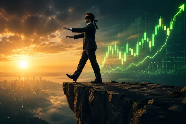 Blindfolded investor walking toward a cliff as stock market charts rise behind him, symbolizing ignored recession warning signs