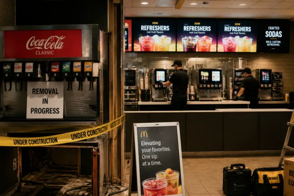 Modern McDonald’s restaurant interior during renovation, showing a self-serve soda fountain being removed on one side while employees prepare drinks behind a sleek counter with digital menu boards featuring refreshers and crafted sodas.