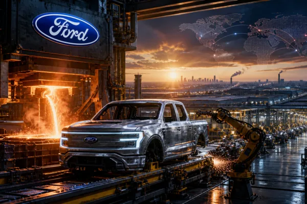 Ford electric pickup truck on a factory assembly line with molten metal casting and robotic arms, symbolizing EV manufacturing innovation