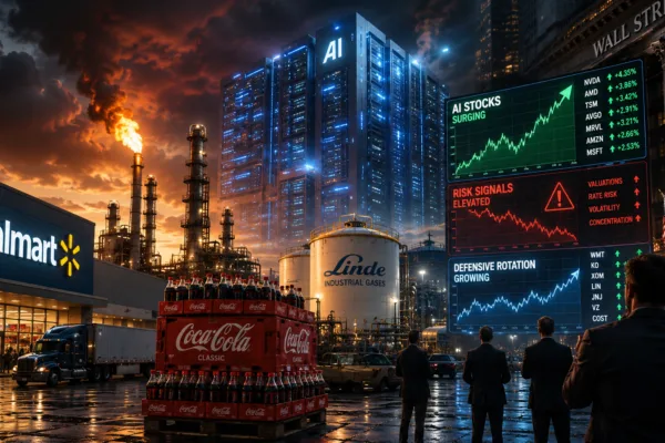 Cinematic illustration of Wall Street investors watching AI stock charts surge beside Walmart, Coca-Cola, Exxon, and Linde industrial assets, symbolizing a market rotation from high-flying AI stocks into defensive old economy companies amid rising valuation concerns.