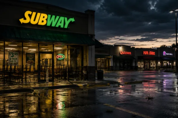 Rain-soaked suburban strip mall at dusk featuring a brightly lit Subway restaurant with empty tables inside, symbolizing franchise closures, consumer slowdown, and growing pressure on the U.S. fast food industry.