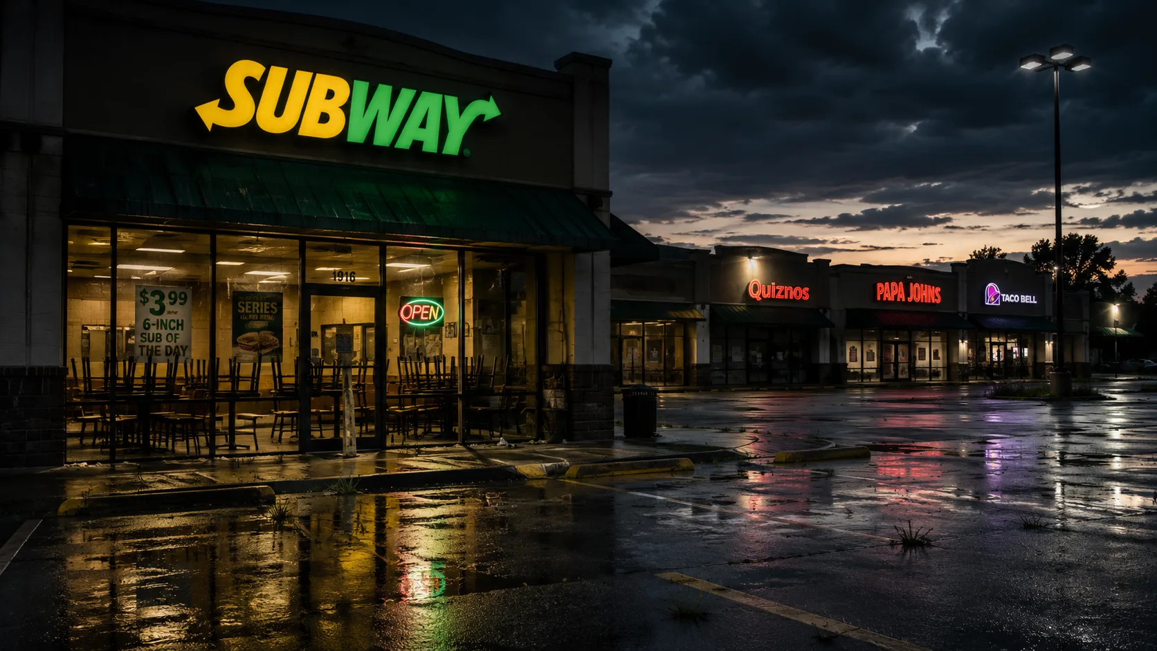 Rain-soaked suburban strip mall at dusk featuring a brightly lit Subway restaurant with empty tables inside, symbolizing franchise closures, consumer slowdown, and growing pressure on the U.S. fast food industry.