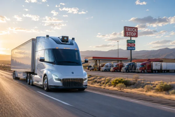 Autonomous semi-truck driving along a Texas highway near a traditional truck stop at sunrise, symbolizing the rise of AI-powered freight transportation and its potential impact on trucking jobs and the U.S. economy.