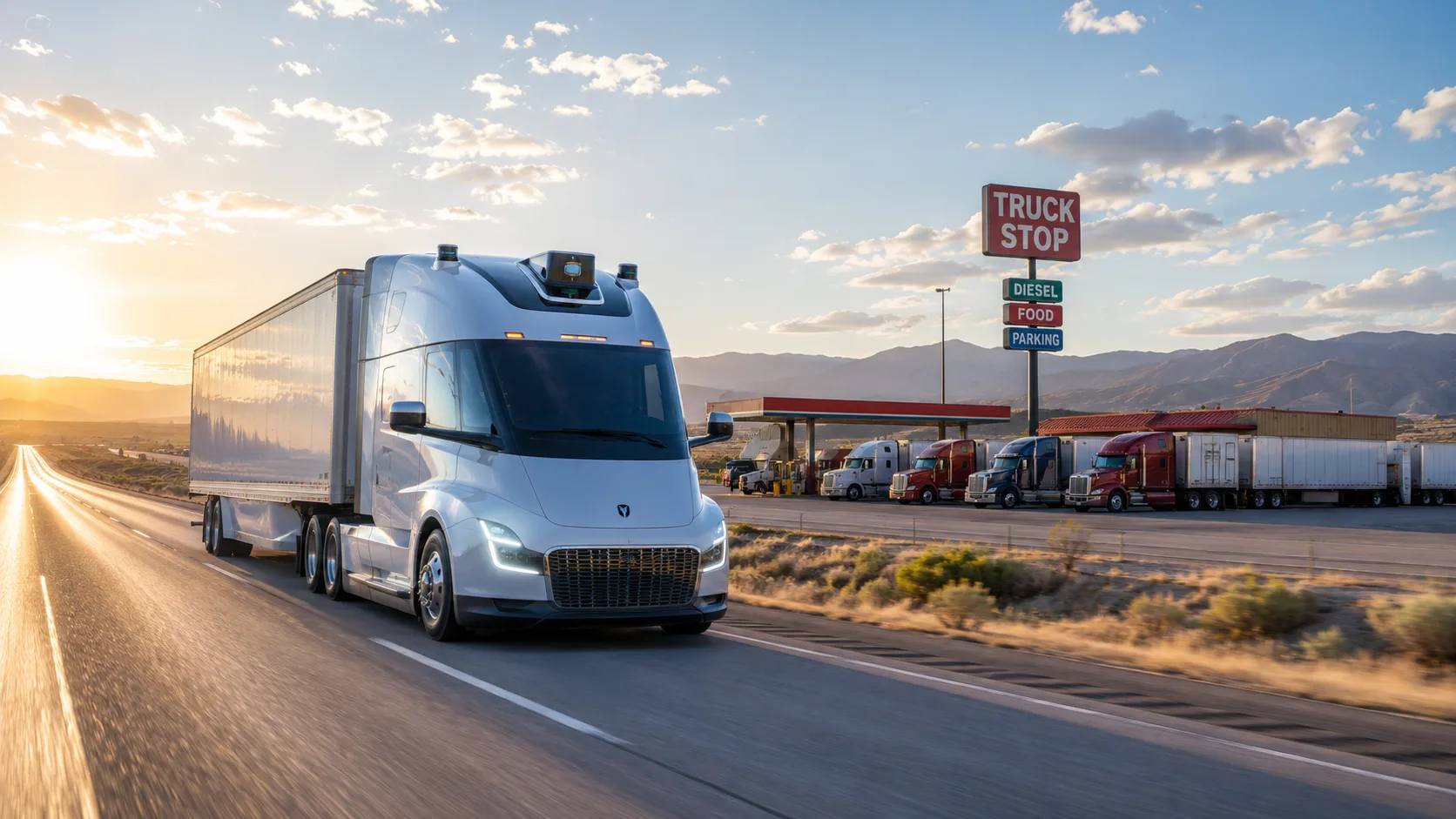 Autonomous semi-truck driving along a Texas highway near a traditional truck stop at sunrise, symbolizing the rise of AI-powered freight transportation and its potential impact on trucking jobs and the U.S. economy.