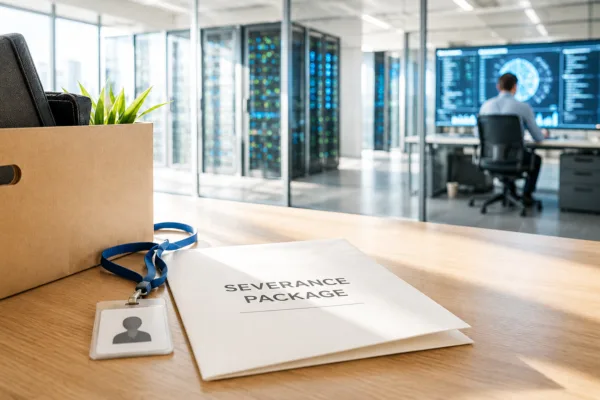 A severance package and employee badge sit on a corporate office desk while AI servers and a technician operate in the background, symbolizing how artificial intelligence is reshaping white-collar jobs and corporate workforces.