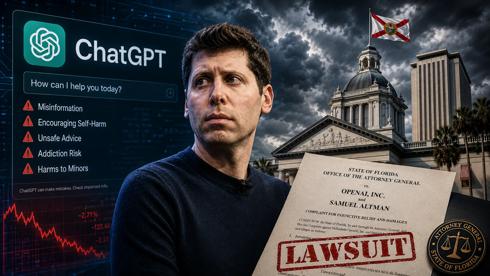 OpenAI CEO Sam Altman as Florida files lawsuit against OpenAI over ChatGPT safety concerns, artificial intelligence risks, and consumer protection allegations.