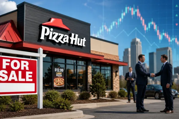 Pizza Hut restaurant with a for sale sign as Yum Brands reportedly explores a sale of the iconic pizza chain amid private equity acquisition talks.