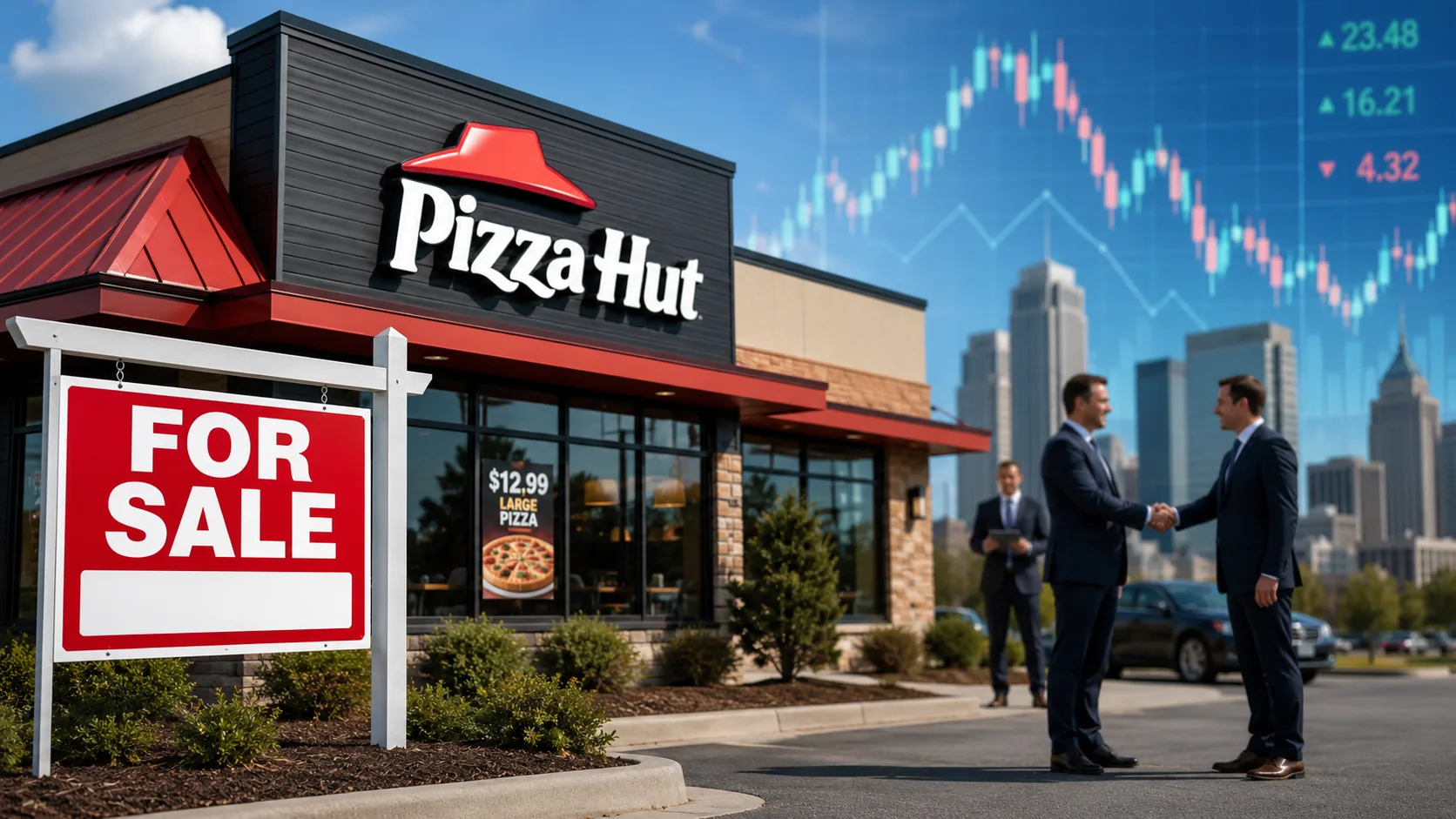 Pizza Hut restaurant with a for sale sign as Yum Brands reportedly explores a sale of the iconic pizza chain amid private equity acquisition talks.