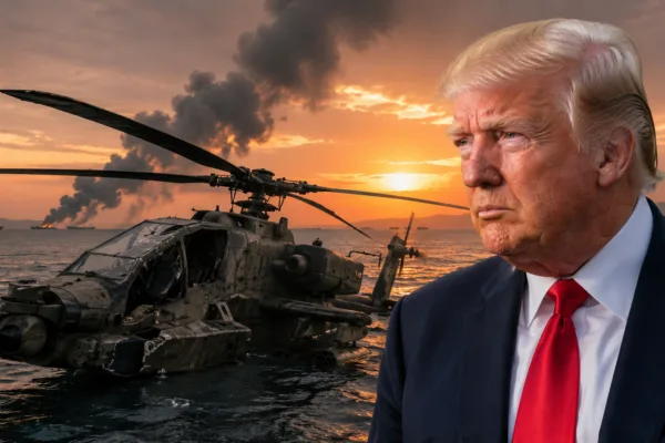 President Trump reacts after an Iranian attack downs a U.S. Apache helicopter near the Strait of Hormuz amid escalating military tensions.
