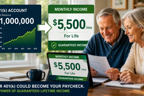 Retired couple reviewing 401(k) savings as Fidelity introduces pension-like guaranteed lifetime income through retirement target-date funds.