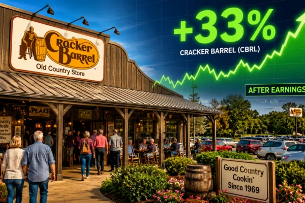 Cracker Barrel restaurant filled with customers as a rising stock chart highlights the company's 33% share price surge following stronger-than-expected earnings results.