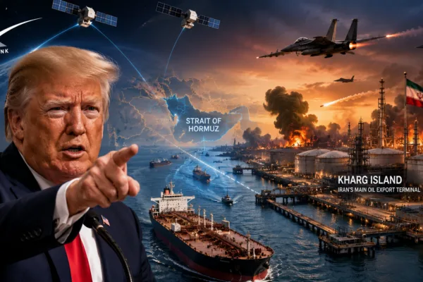 President Trump threatens Iran as Kharg Island oil terminal, Starlink satellites, and Strait of Hormuz shipping routes highlight escalating Middle East conflict.