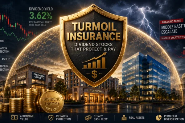 Illustration of dividend-paying real estate stocks as portfolio protection during market volatility, featuring commercial properties, dividend income symbols, and a shield representing stability amid geopolitical and economic uncertainty.
