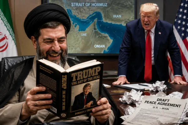 Illustration depicting Iran's Supreme Leader Mojtaba Khamenei reading Donald Trump's book The Art of the Deal at a negotiation table, while President Donald Trump stands in the background near draft U.S.-Iran peace agreement documents and a map of the Strait of Hormuz.