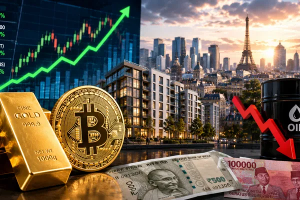Gold, bitcoin, real estate, European stocks, and emerging-market currencies rise as oil falls in a concept image illustrating potential winners from a U.S.-Iran peace agreement.