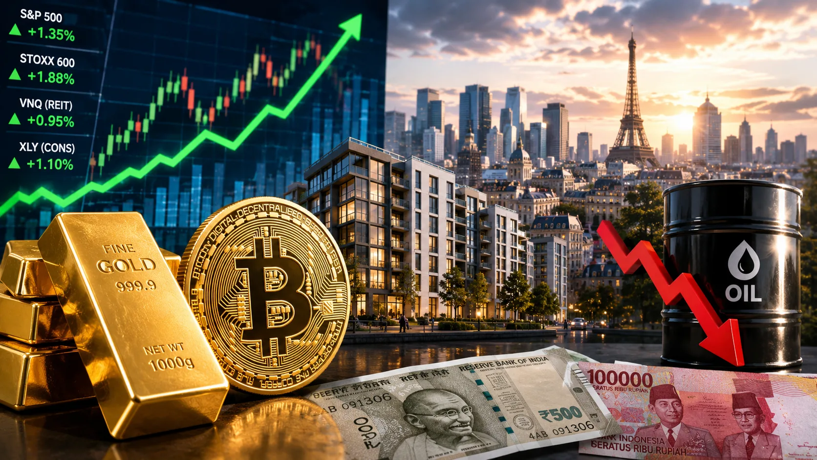 Gold, bitcoin, real estate, European stocks, and emerging-market currencies rise as oil falls in a concept image illustrating potential winners from a U.S.-Iran peace agreement.