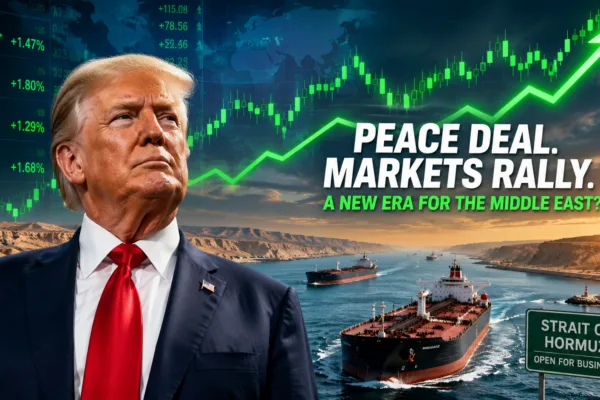 President Donald Trump announces a potential U.S.-Iran peace deal as oil tankers pass through the Strait of Hormuz and stock markets rally on expectations of lower geopolitical risk and stable energy supplies.