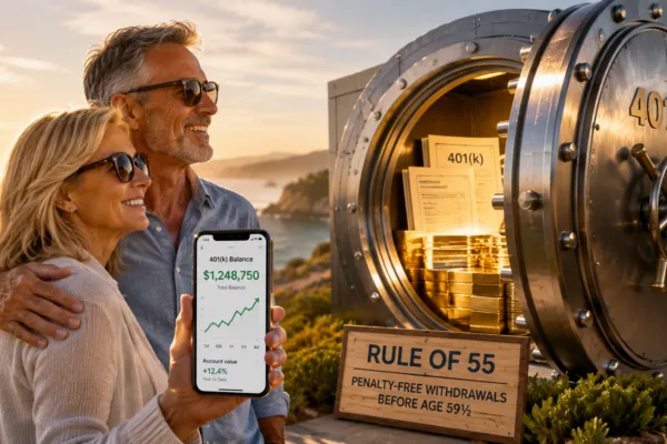 Early retiree in their late 50s unlocking access to a 401(k) retirement account under the Rule of 55 tax provision, allowing penalty-free withdrawals before age 59½.
