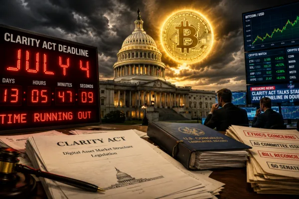 Bitcoin and crypto stocks react as the CLARITY Act July 4 deadline approaches, with the U.S. Capitol, countdown clock, and traders symbolizing uncertainty over cryptocurrency regulation in Washington.