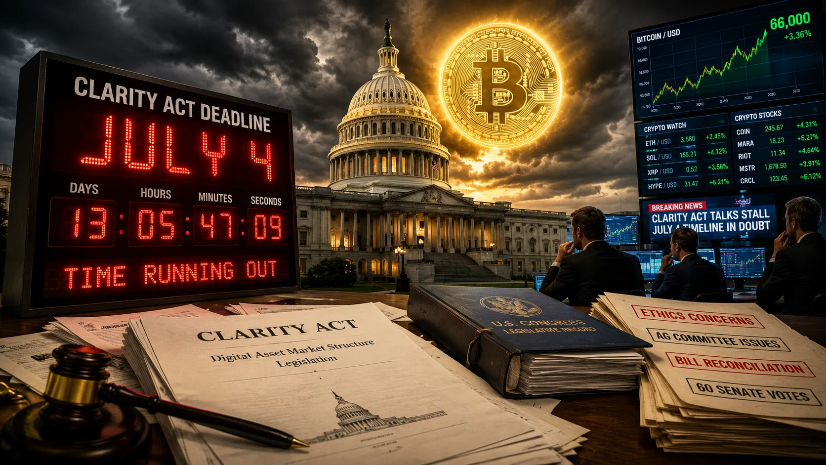 Bitcoin and crypto stocks react as the CLARITY Act July 4 deadline approaches, with the U.S. Capitol, countdown clock, and traders symbolizing uncertainty over cryptocurrency regulation in Washington.