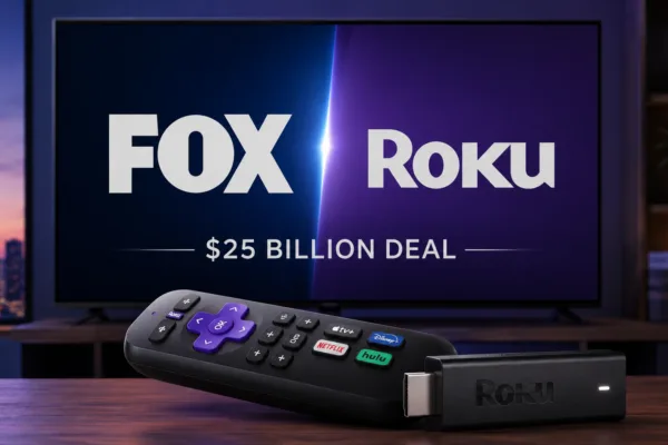 Fox and Roku logos displayed on connected television screens representing Fox's $25 billion acquisition of Roku and expansion into ad-supported streaming television.