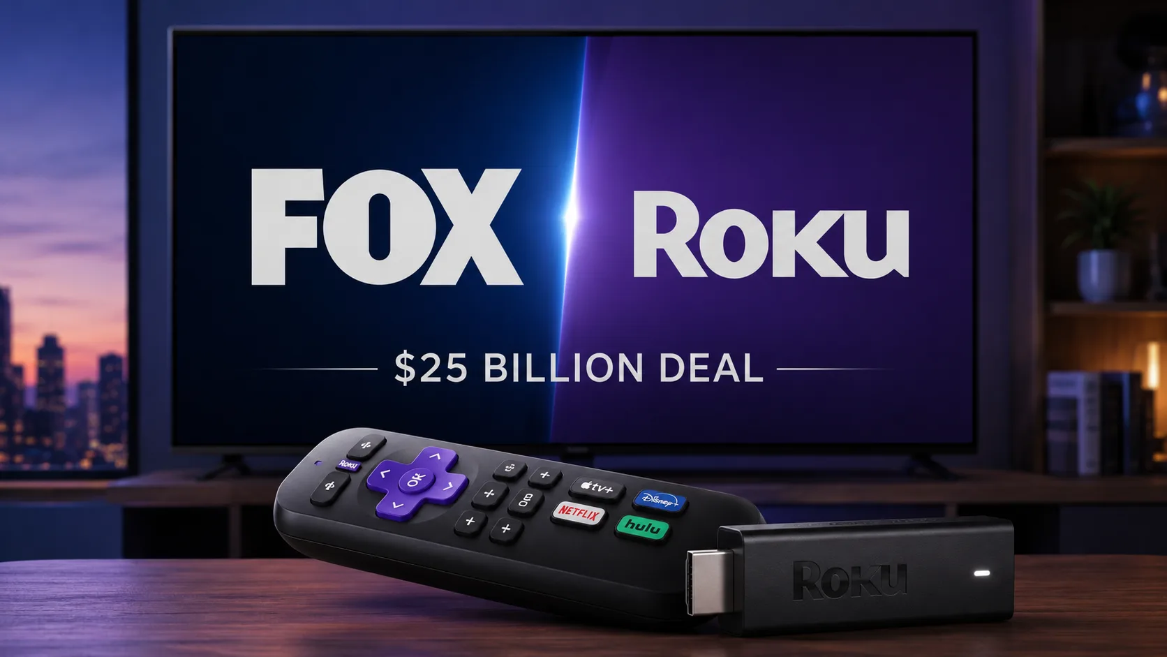 Fox and Roku logos displayed on connected television screens representing Fox's $25 billion acquisition of Roku and expansion into ad-supported streaming television.