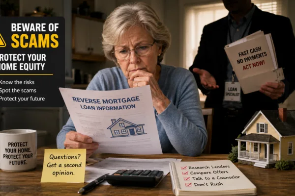 Senior homeowner reviewing reverse mortgage documents while evaluating potential scam risks and protecting home equity.