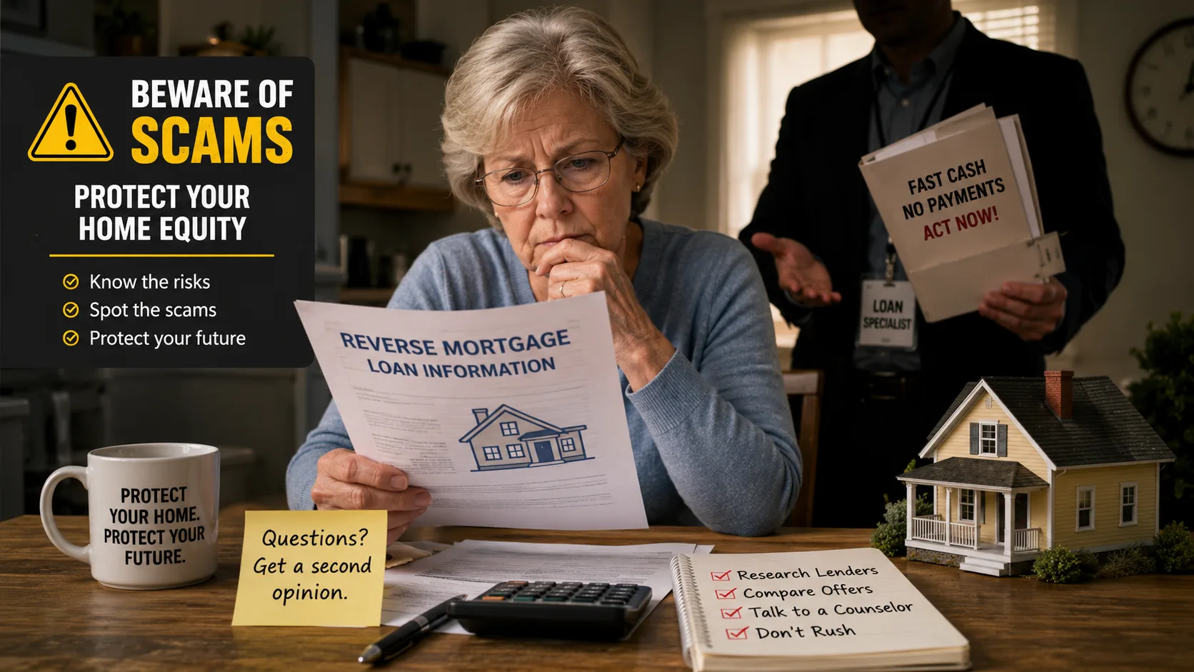 Senior homeowner reviewing reverse mortgage documents while evaluating potential scam risks and protecting home equity.