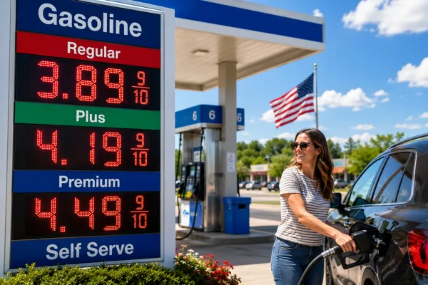 Driver filling up at a gas station as gasoline prices fall below $4 per gallon following the U.S.-Iran peace deal.