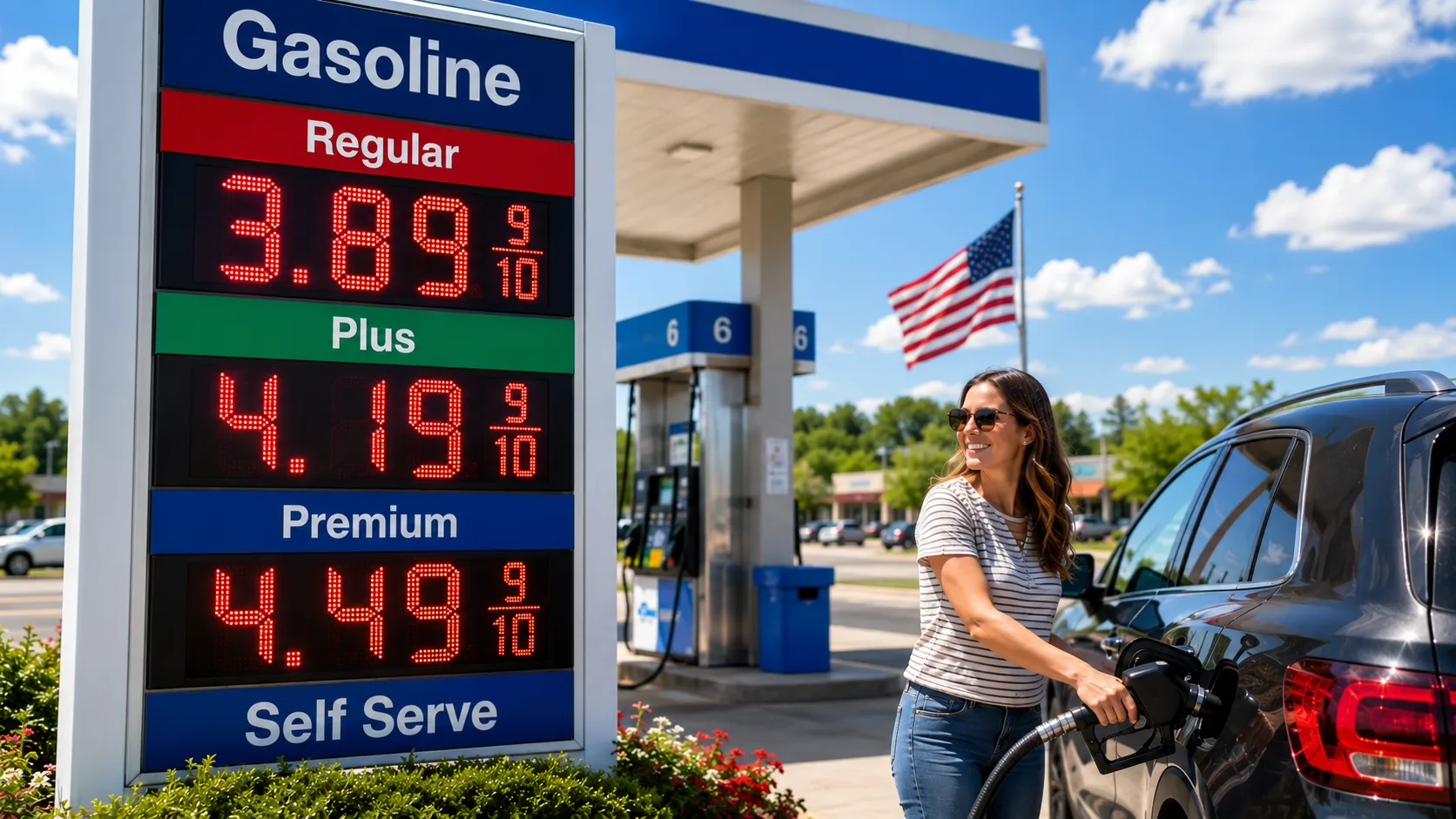 Driver filling up at a gas station as gasoline prices fall below $4 per gallon following the U.S.-Iran peace deal.