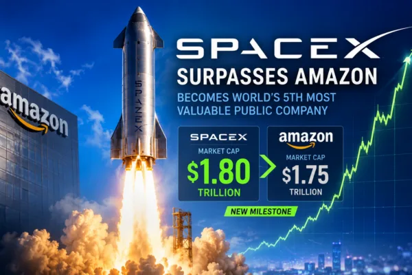 SpaceX rocket launch as the company surpasses Amazon in market value amid a stock market rally and growing investor optimism.