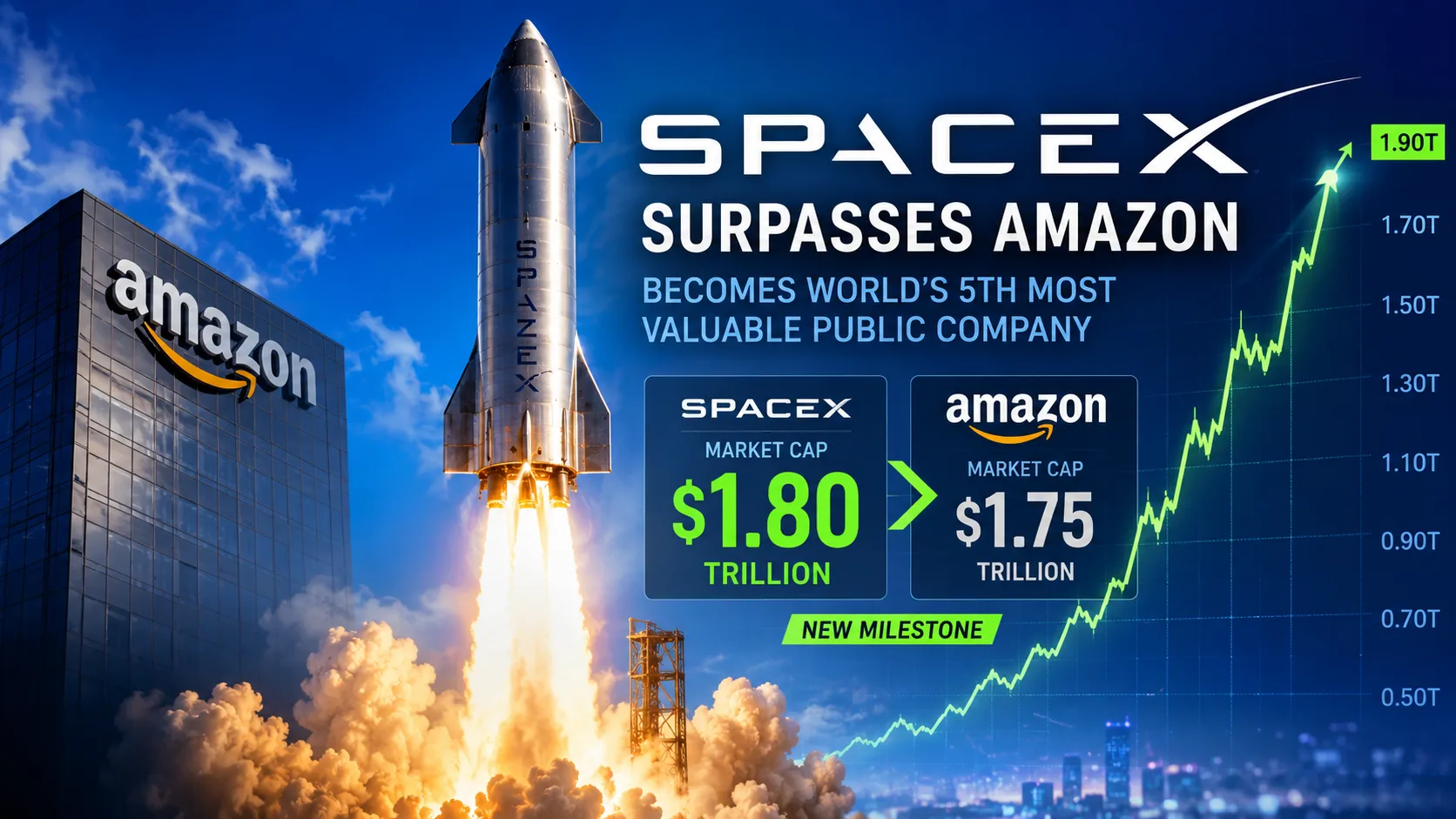 SpaceX rocket launch as the company surpasses Amazon in market value amid a stock market rally and growing investor optimism.