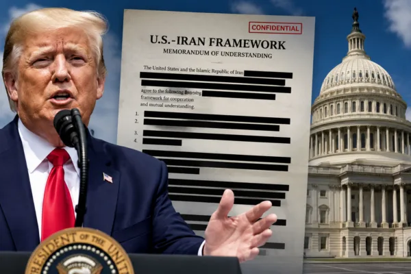 President Donald Trump with the U.S. Capitol and a partially redacted Iran agreement document as lawmakers seek details of the proposed U.S.-Iran peace deal.
