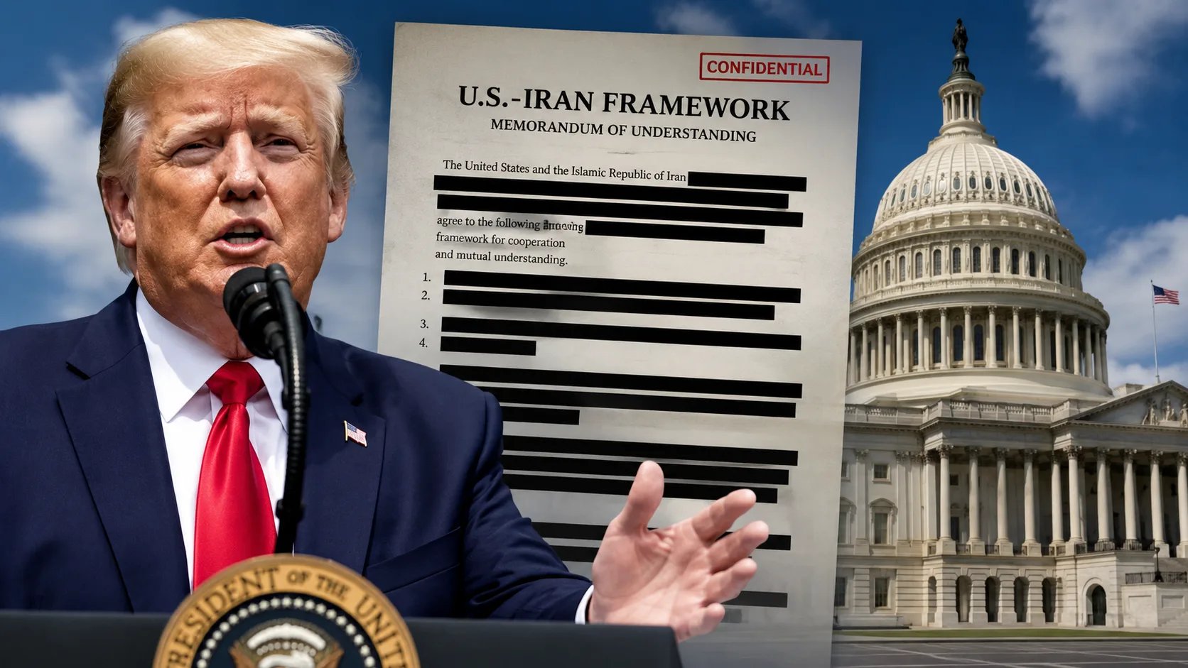 President Donald Trump with the U.S. Capitol and a partially redacted Iran agreement document as lawmakers seek details of the proposed U.S.-Iran peace deal.