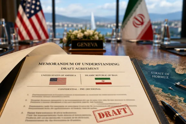 Draft U.S.-Iran agreement displayed at a diplomatic conference table ahead of Geneva negotiations, with American and Iranian flags and references to the Strait of Hormuz.