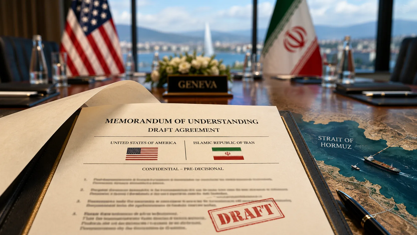 Draft U.S.-Iran agreement displayed at a diplomatic conference table ahead of Geneva negotiations, with American and Iranian flags and references to the Strait of Hormuz.