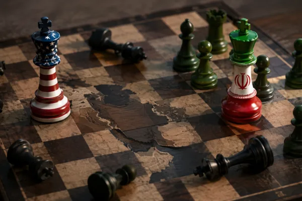 U.S. and Iranian chess kings positioned on a chessboard representing the strategic battle over Trump's Iran peace deal and the debate over which side gained the upper hand.