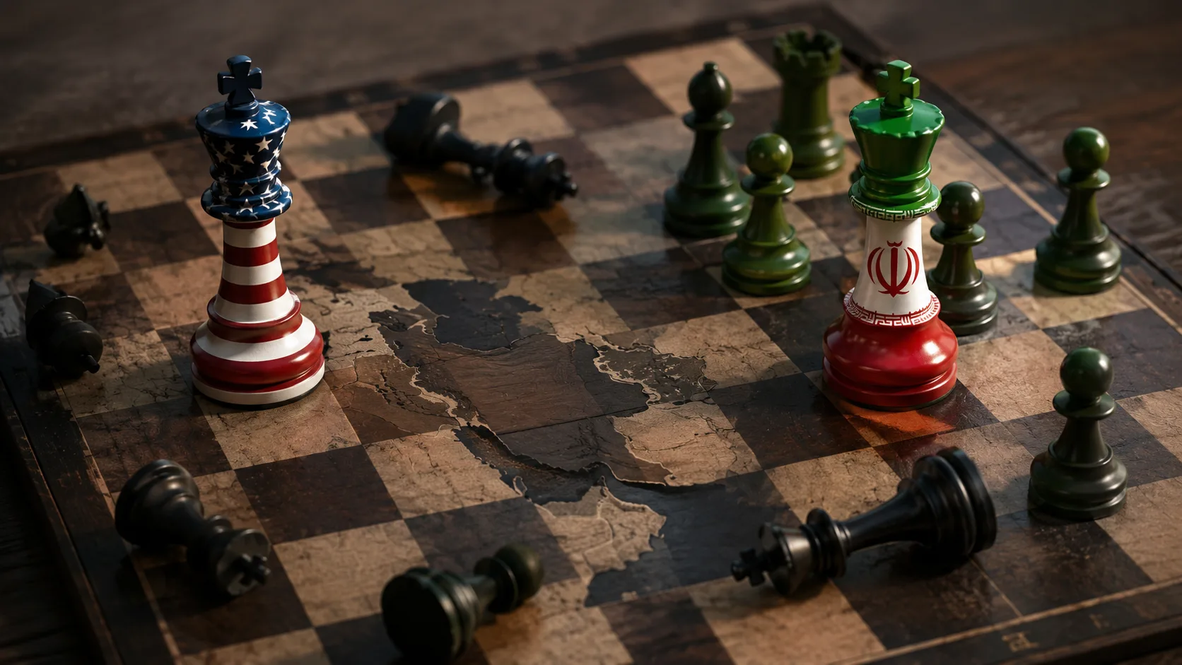 U.S. and Iranian chess kings positioned on a chessboard representing the strategic battle over Trump's Iran peace deal and the debate over which side gained the upper hand.